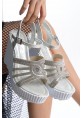 Mosty Gümüş Cilt Boncuk İşlemeli Sandalet