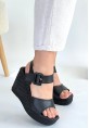 Wowo Siyah Cilt Dolgu Topuk Sandalet